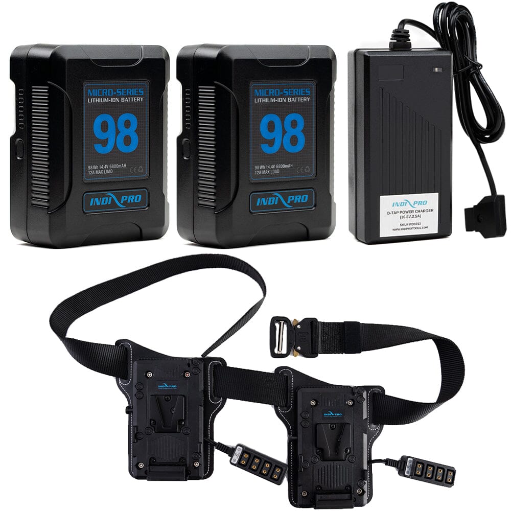 Indipro 2x Micro Series 98Wh V-Mount Battery, Dual Charger & Dual V-Mount Battery Belt Bundle