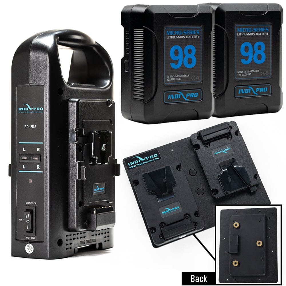 Indipro 2x Micro Series 98Wh V-Mount Battery, Dual Charger & Dual V-Mount Plates to Gold Mount Lock Plate Bundle