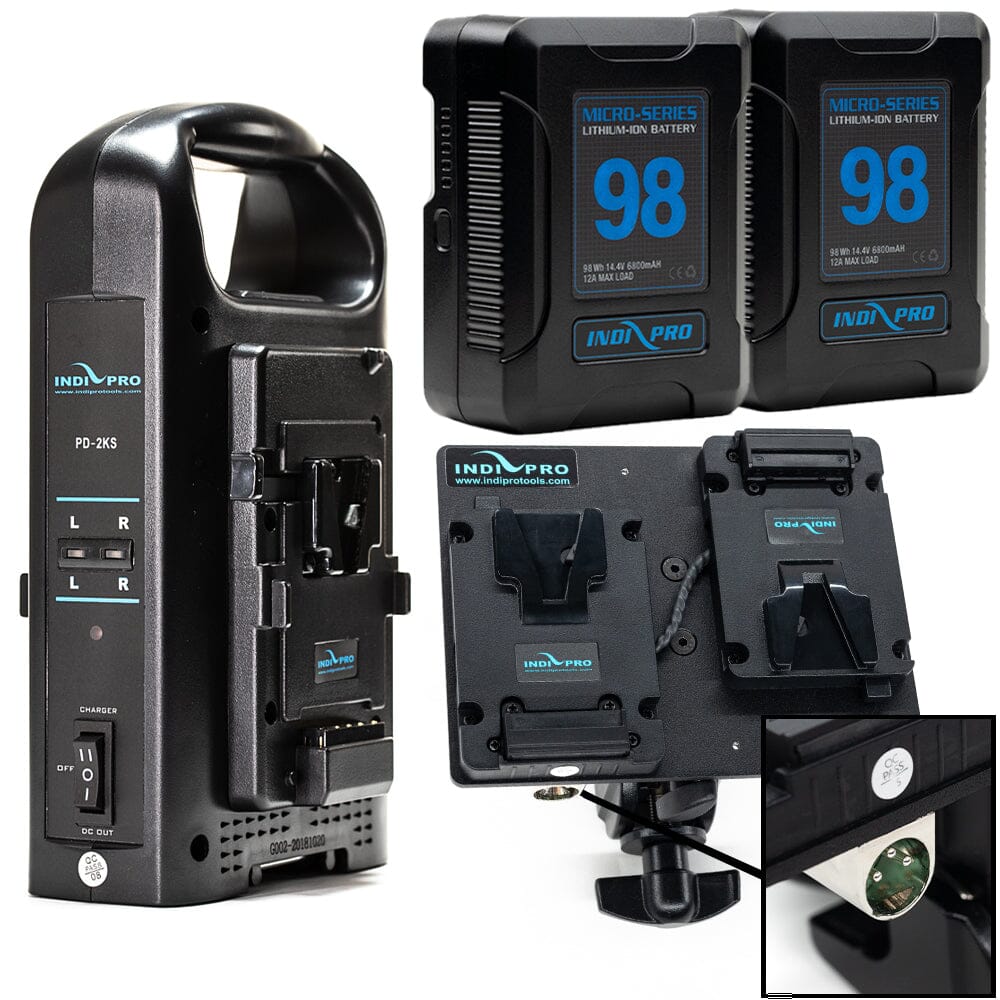 Indipro 2x Micro Series 98Wh V-Mount Battery, Dual Charger & Dual V-Mount Plates w/ 3-Pin XLR Connector Bundle