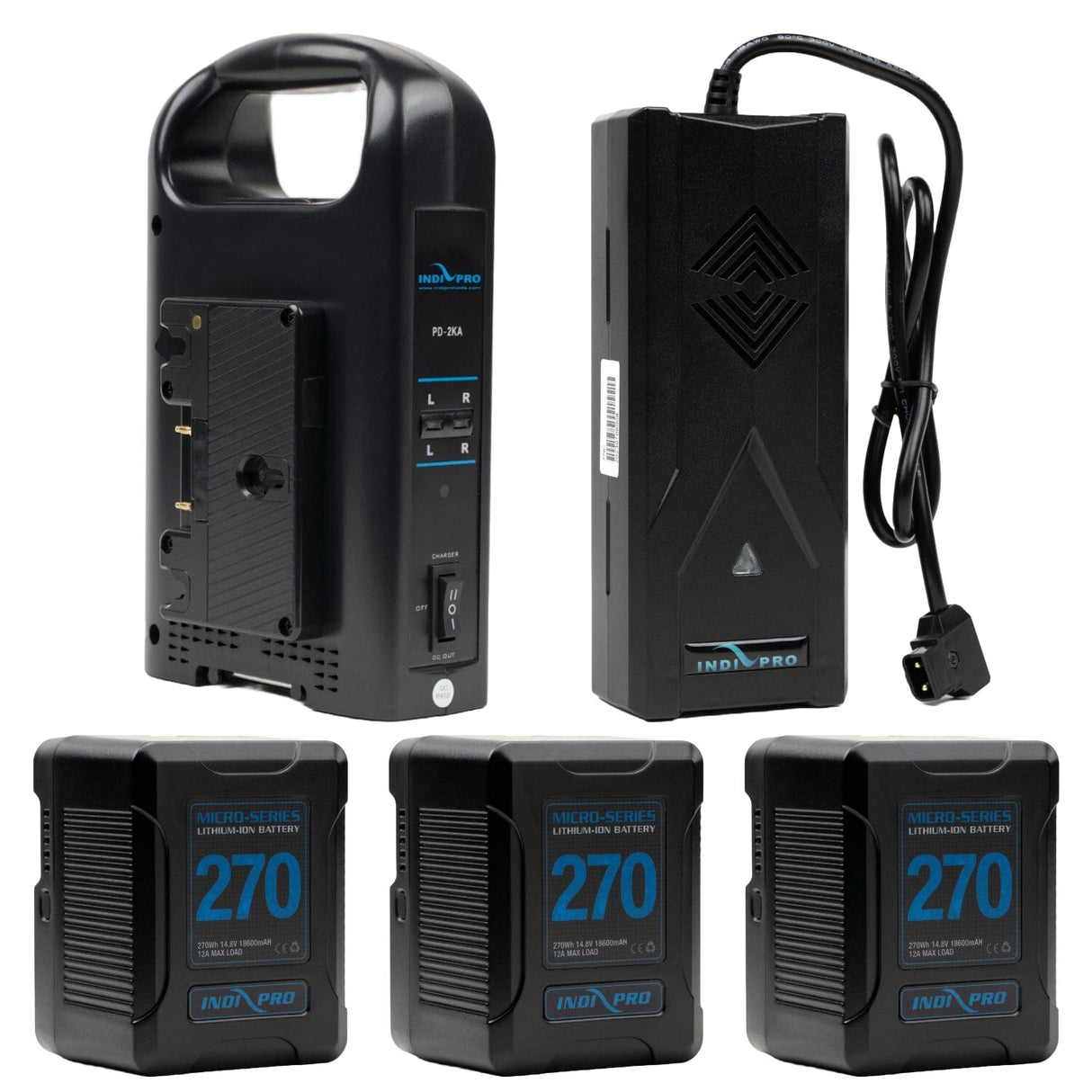 Indipro 3x Micro-Series 270Wh Gold Mount Li-Ion Batteries, Dual Gold Mount Battery Charger and D-Tap to Pro Battery Supercharger Kit