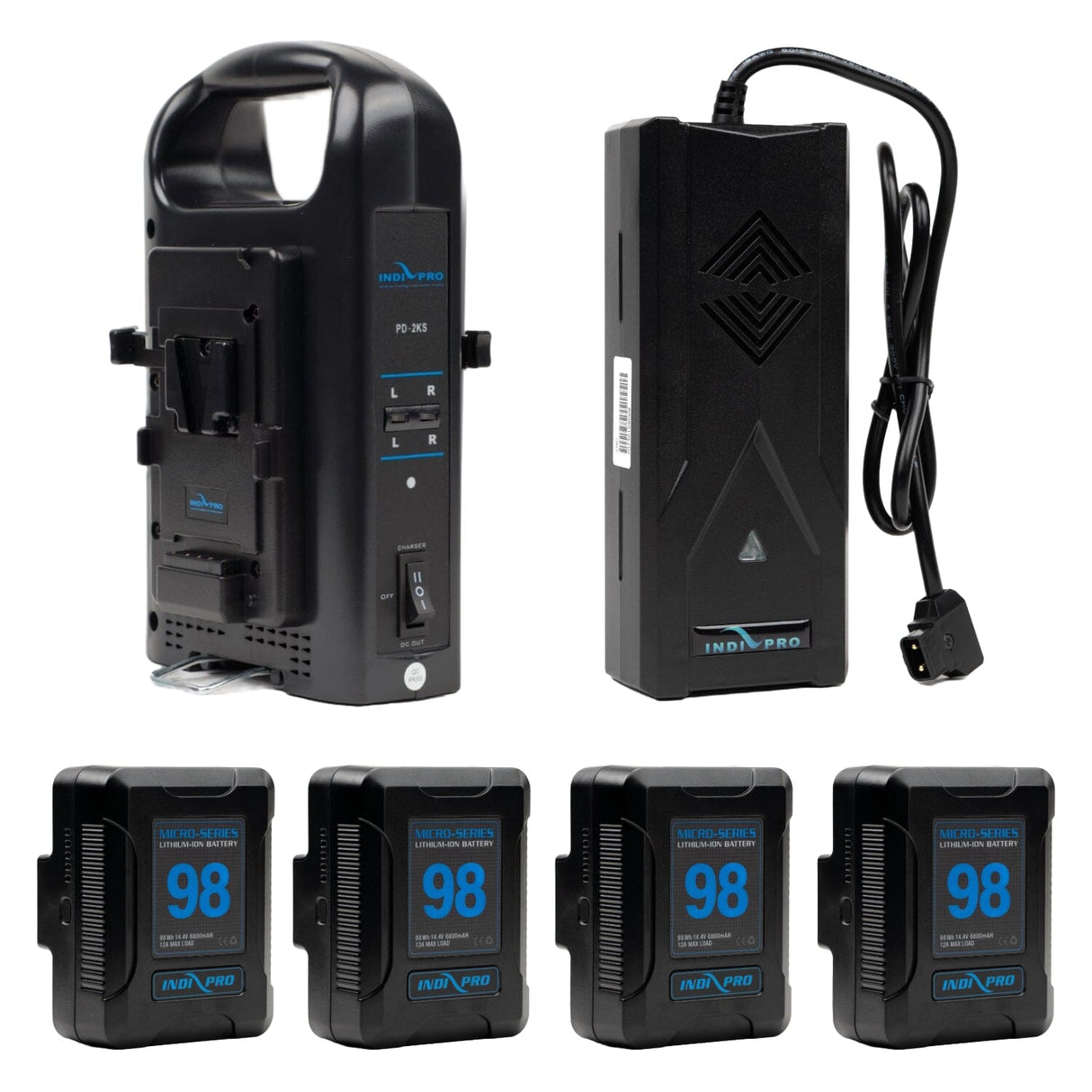 Indipro 4x Micro-Series 98Wh V-Mount Li-Ion Batteries, Dual V-Mount Battery Charger and D-Tap Pro Battery SuperCharger Kit