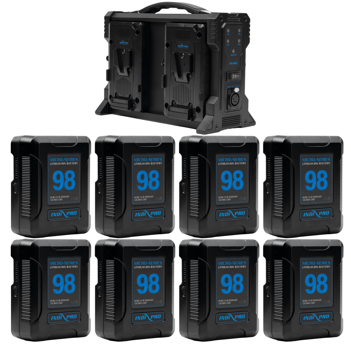 Indipro 8x Micro-Series 98Wh V-Mount Li-Ion Batteries and Quad Pro V-Mount Battery Charger Kit