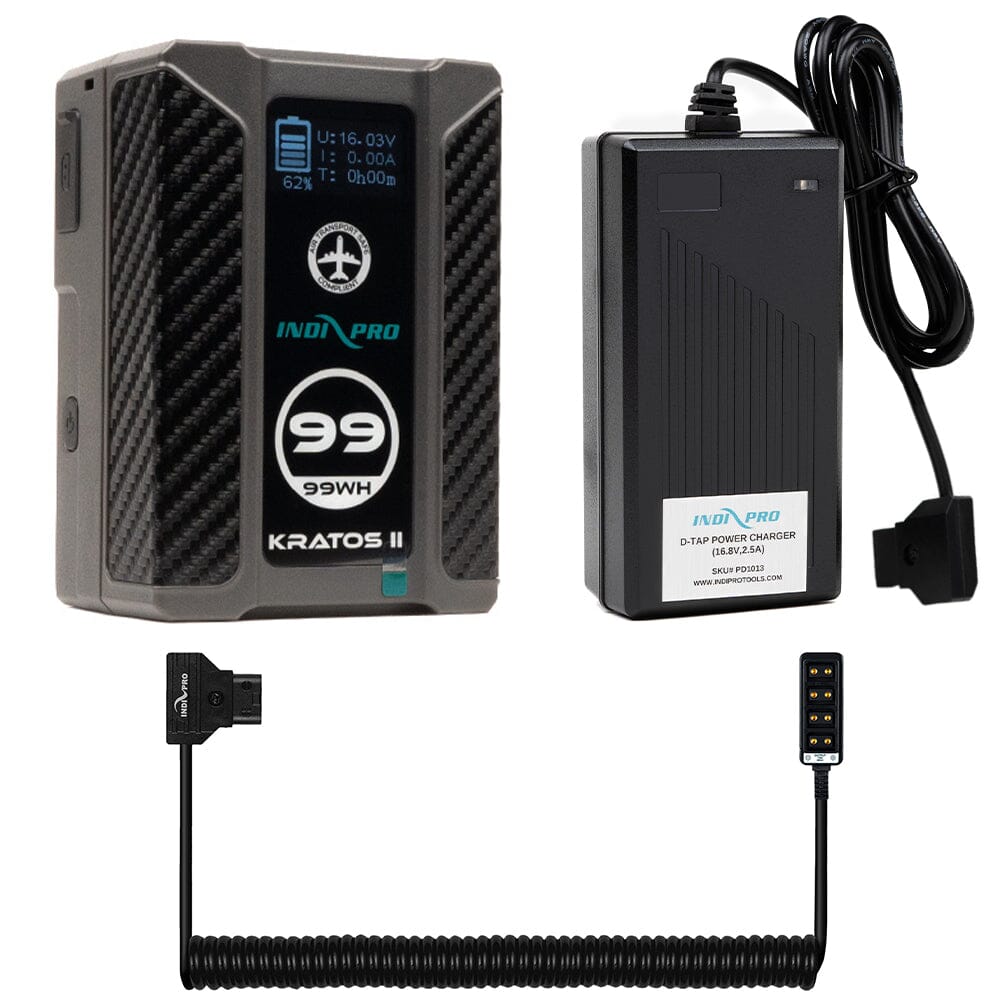Indipro Kratos 99Wh V-Mount Battery, Charger & Coiled 4-Way D-Tap Splitter Bundle