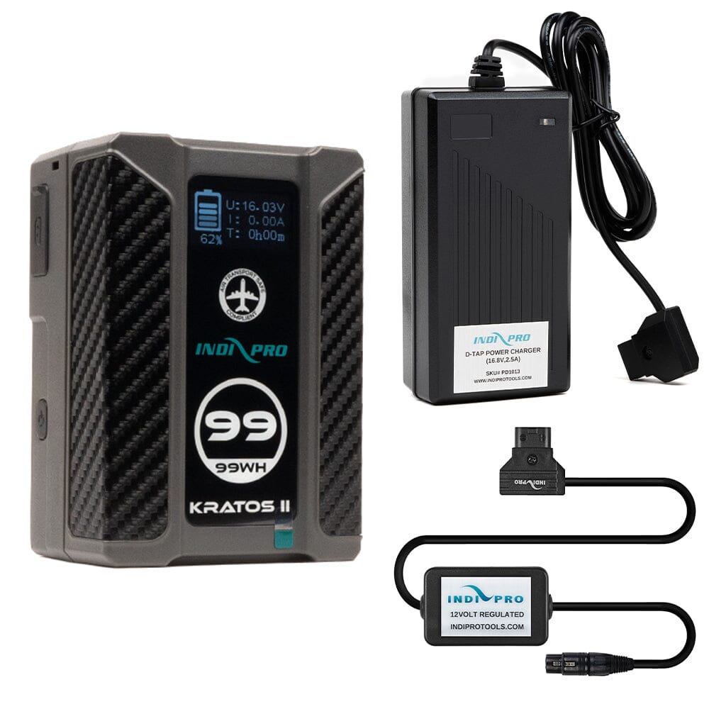 Indipro Kratos 99Wh V-Mount Battery, Charger & D-Tap to 4-Pin XLR Connector (12V Regulated) Bundle