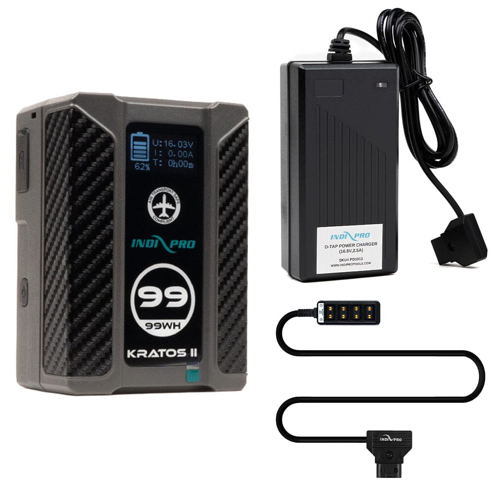 Indipro Kratos 99Wh V-Mount Battery, Charger & D-Tap to 4-Way D-Tap Splitter Bundle