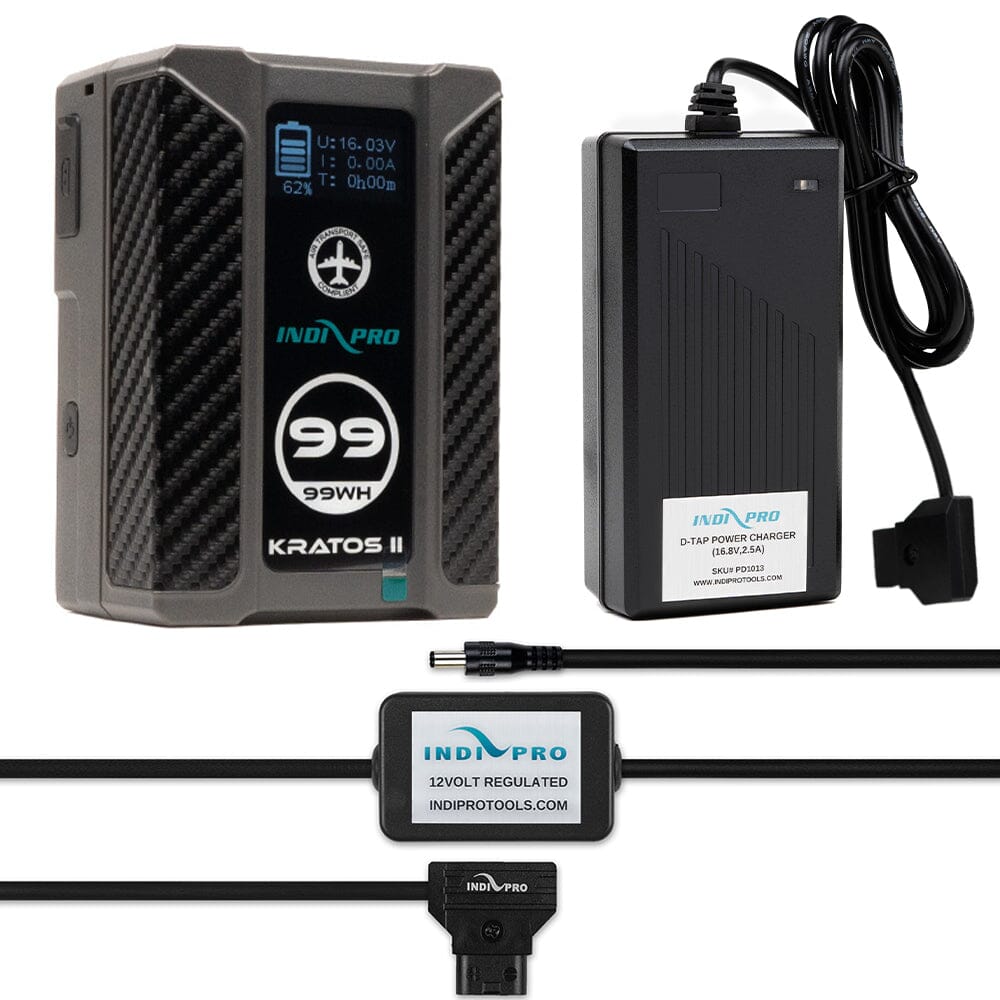 Indipro Kratos 99Wh V-Mount Battery, Charger & D-Tap to Blackmagic Cinema Camera Plug Bundle