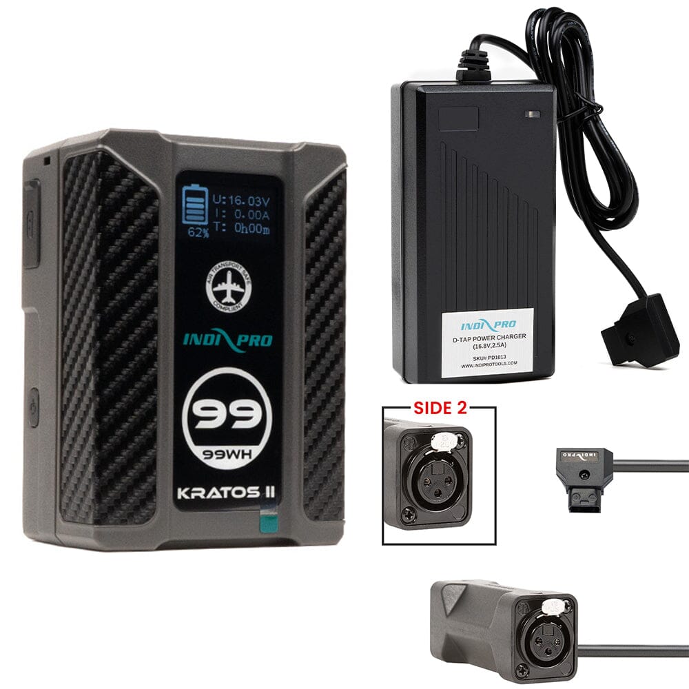 Indipro Kratos 99Wh V-Mount Battery, Charger & D-Tap to Dual 3-Pin Female XLR Connectors Bundle
