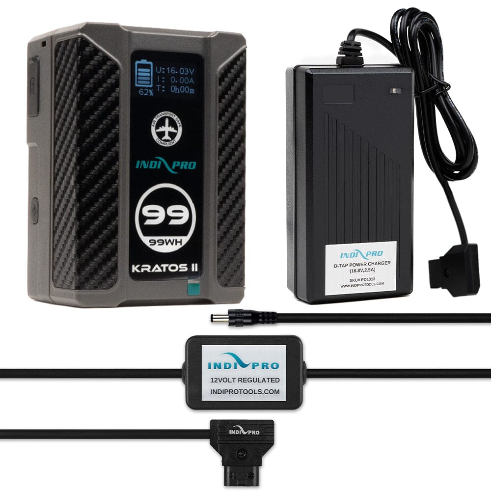 Indipro Kratos 99Wh V-Mount Battery, Charger & D-Tap to Litepanels Caliber Light Bundle