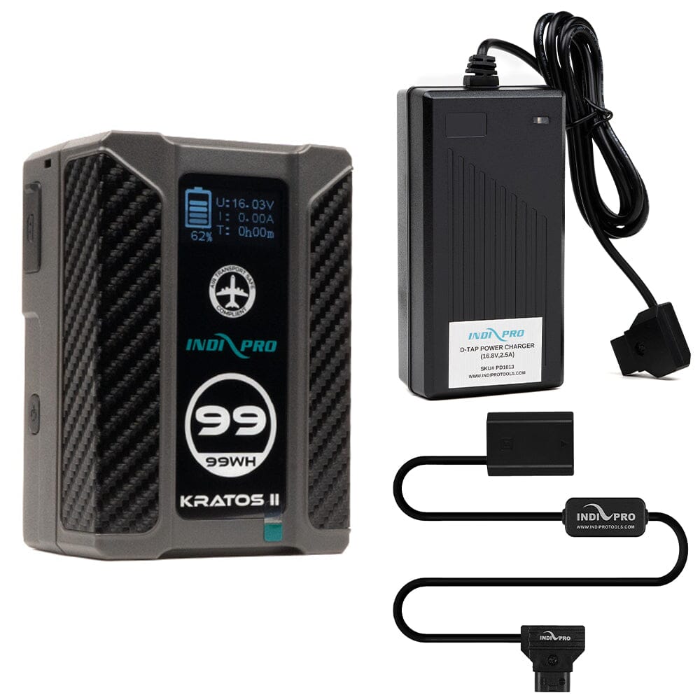 Indipro Kratos 99Wh V-Mount Battery, Charger & D-Tap to Sony NP-FZ100 Battery Bundle