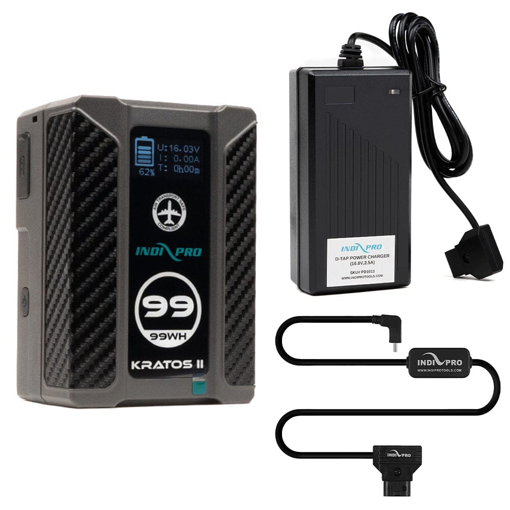 Indipro Kratos 99Wh V-Mount Battery, Charger & D-Tap to USB Type-C Connector Bundle