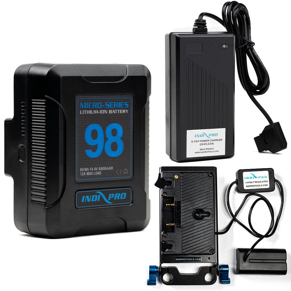 Indipro Micro Series 98Wh Gold Mount Battery, Charger & Gold Mount Plate to Sony NP-F Battery Bundle