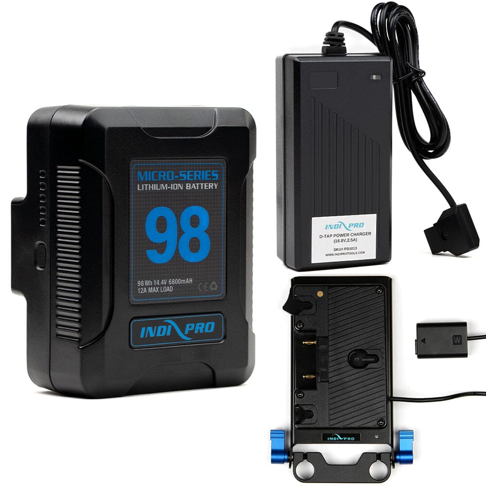 Indipro Micro Series 98Wh Gold Mount Battery, Charger & Gold Mount Plate to Sony NP-FW50 Battery Bundle