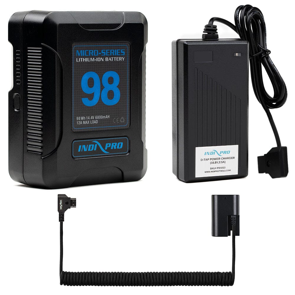 Indipro Micro Series 98Wh V-Mount Battery, Charger & Braided Coiled D-Tap to Canon LP-E6 Battery Bundle