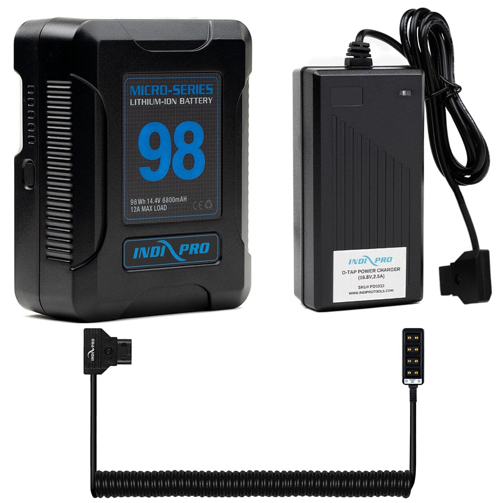 Indipro Micro Series 98Wh V-Mount Battery, Charger & Coiled 4-Way D-Tap Splitter Bundle