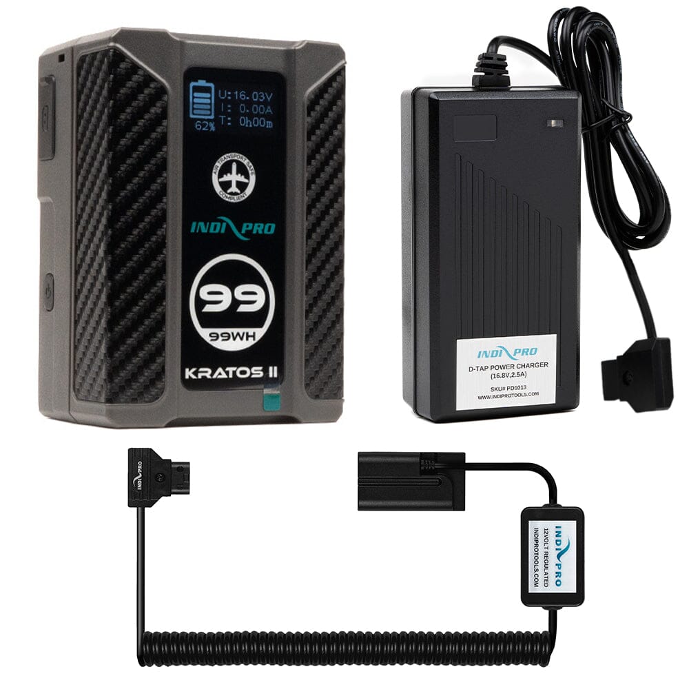 Indipro Kratos 99Wh V-Mount Battery, Charger & Coiled D-Tap to Sony NP-F Battery Bundle