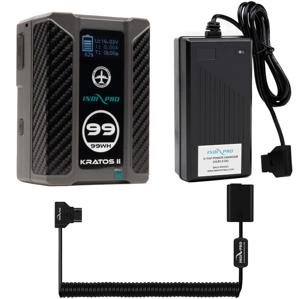 Indipro Kratos 99Wh V-Mount Battery, Charger & Coiled D-Tap to Sony NP-FW50 Battery Bundle