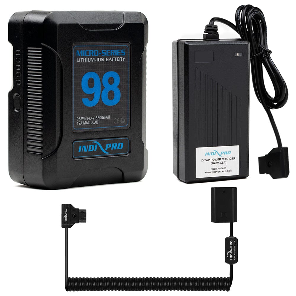 Indipro Micro Series 98Wh V-Mount Battery, Charger & Coiled D-Tap to Sony NP-FZ100 Battery Bundle