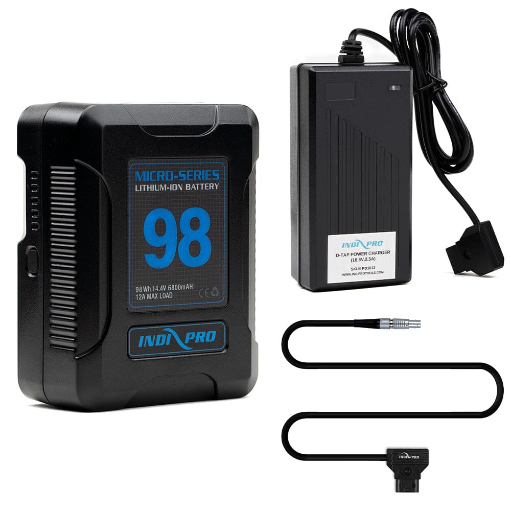 Indipro Micro Series 98Wh V-Mount Battery, Charger & D-Tap to 2-Pin Lemo Bundle