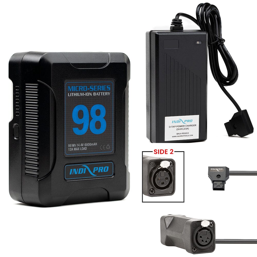 Indipro Micro Series 98Wh V-Mount Battery, Charger & D-Tap to 4-Pin & 3-Pin Female XLR Connectors Bundle