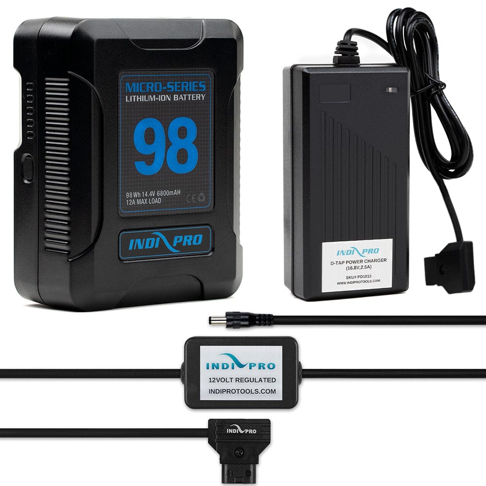 Indipro Micro Series 98Wh V-Mount Battery, Charger & D-Tap to Blackmagic Cinema Camera Plug Bundle