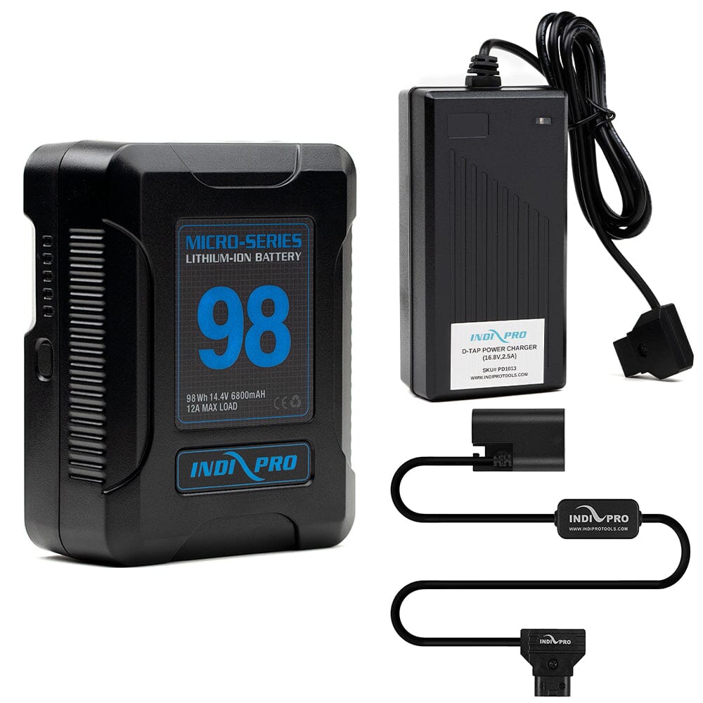 Indipro Micro Series 98Wh V-Mount Battery, Charger & D-Tap to Canon LP-E6 Battery Bundle