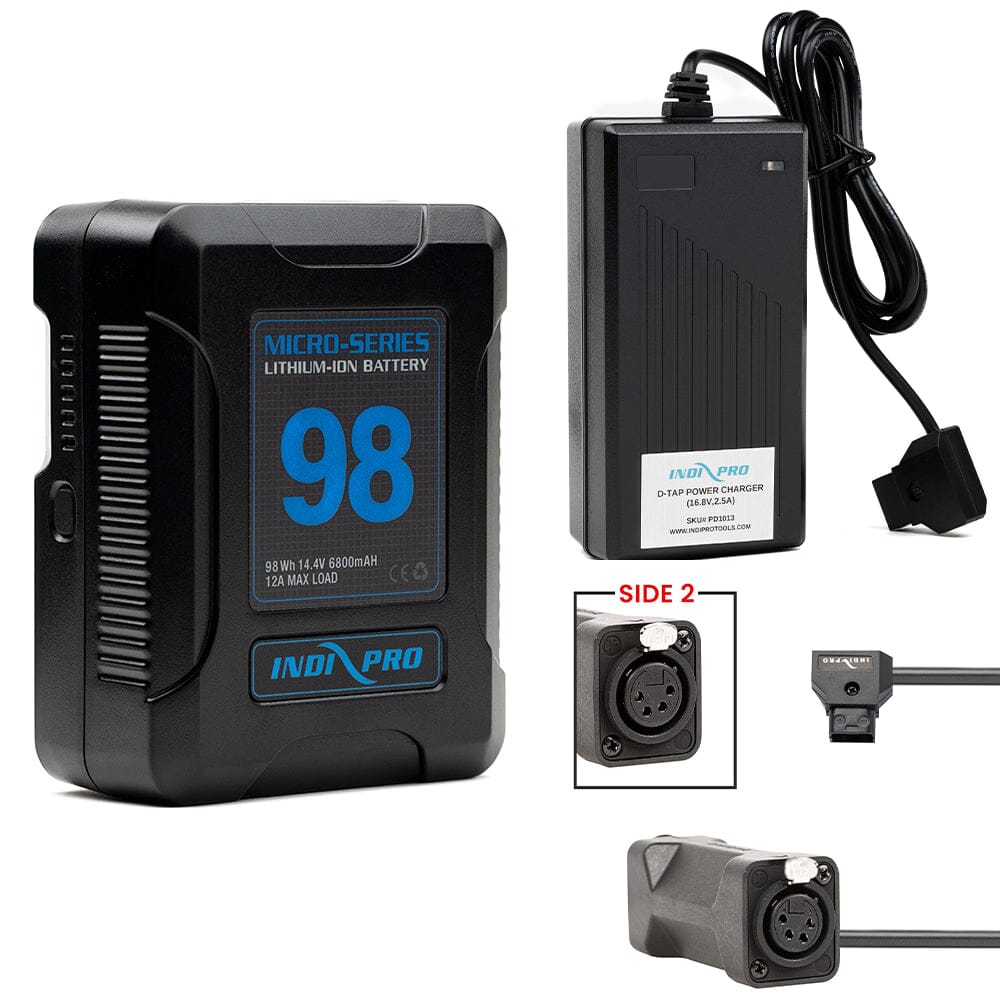 Indipro Micro Series 98Wh V-Mount Battery, Charger &  D-Tap to Dual 4-Pin Female XLR Connectors Bundle