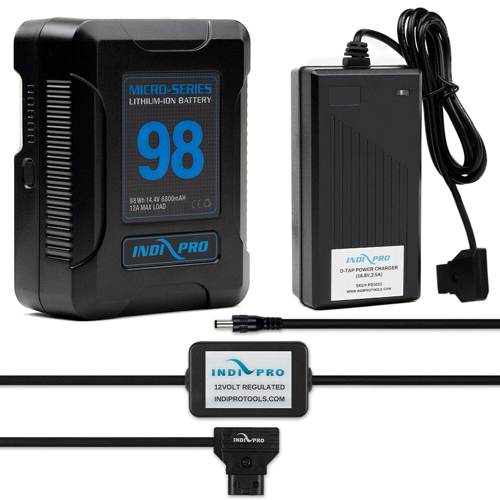 Indipro Micro Series 98Wh V-Mount Battery, Charger & D-Tap to Litepanels Caliber Light Bundle