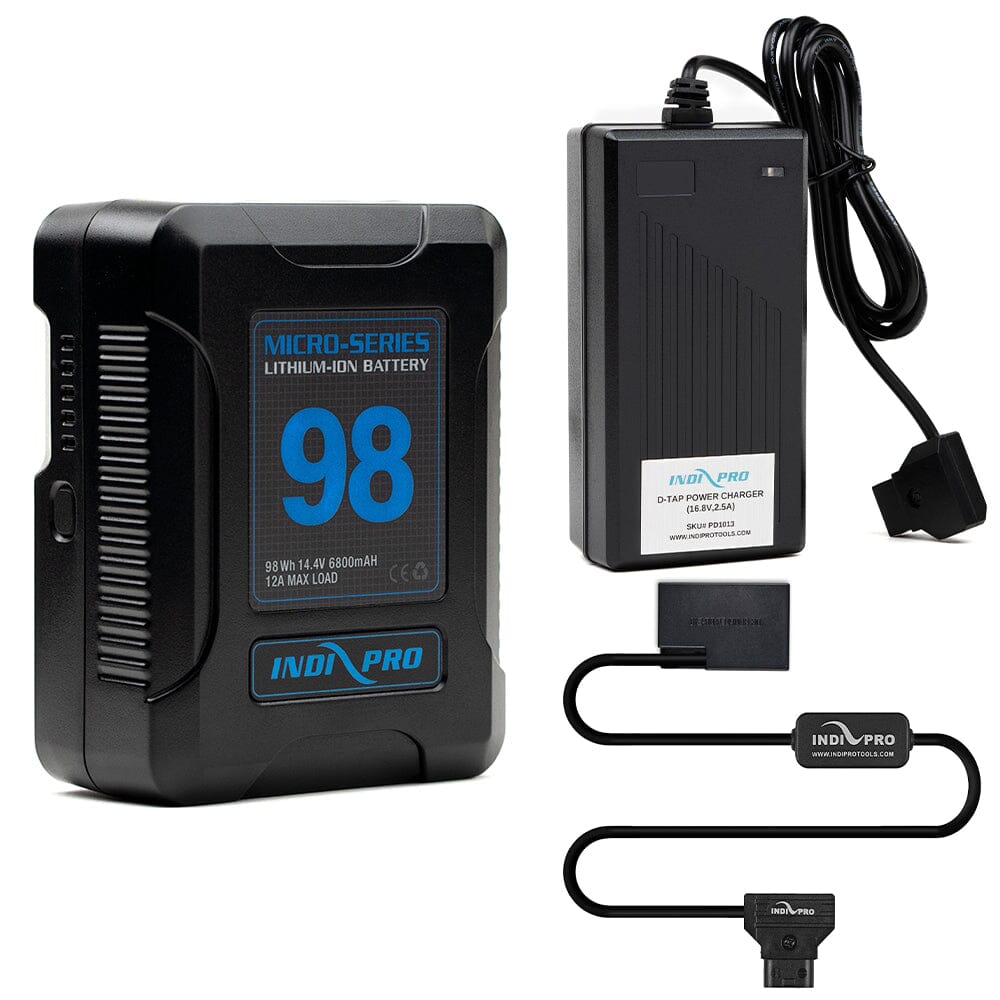 Indipro Micro Series 98Wh V-Mount Battery, Charger & D-Tap to LP-E17 Battery Bundle