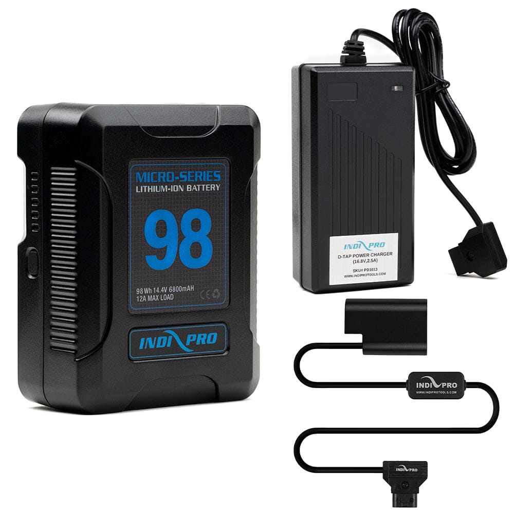 Indipro Micro Series 98Wh V-Mount Battery, Charger & D-Tap to Panasonic DMW-BLF19 Battery Bundle