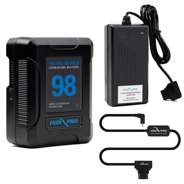 Indipro Micro Series 98Wh V-Mount Battery, Charger & D-Tap to USB Type-C Connector Bundle