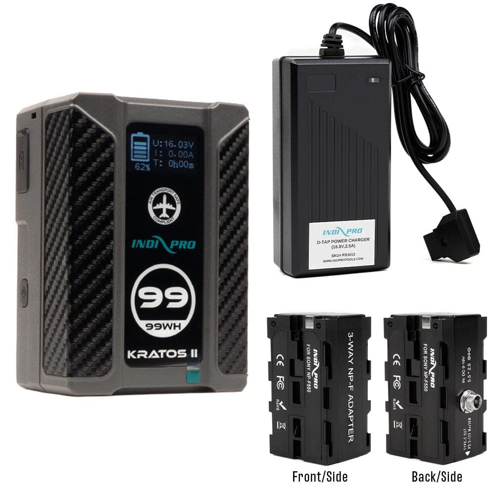 Indipro Kratos 99Wh V-Mount Battery, Charger & Dual-Sided Sony NP-F Battery Bundle
