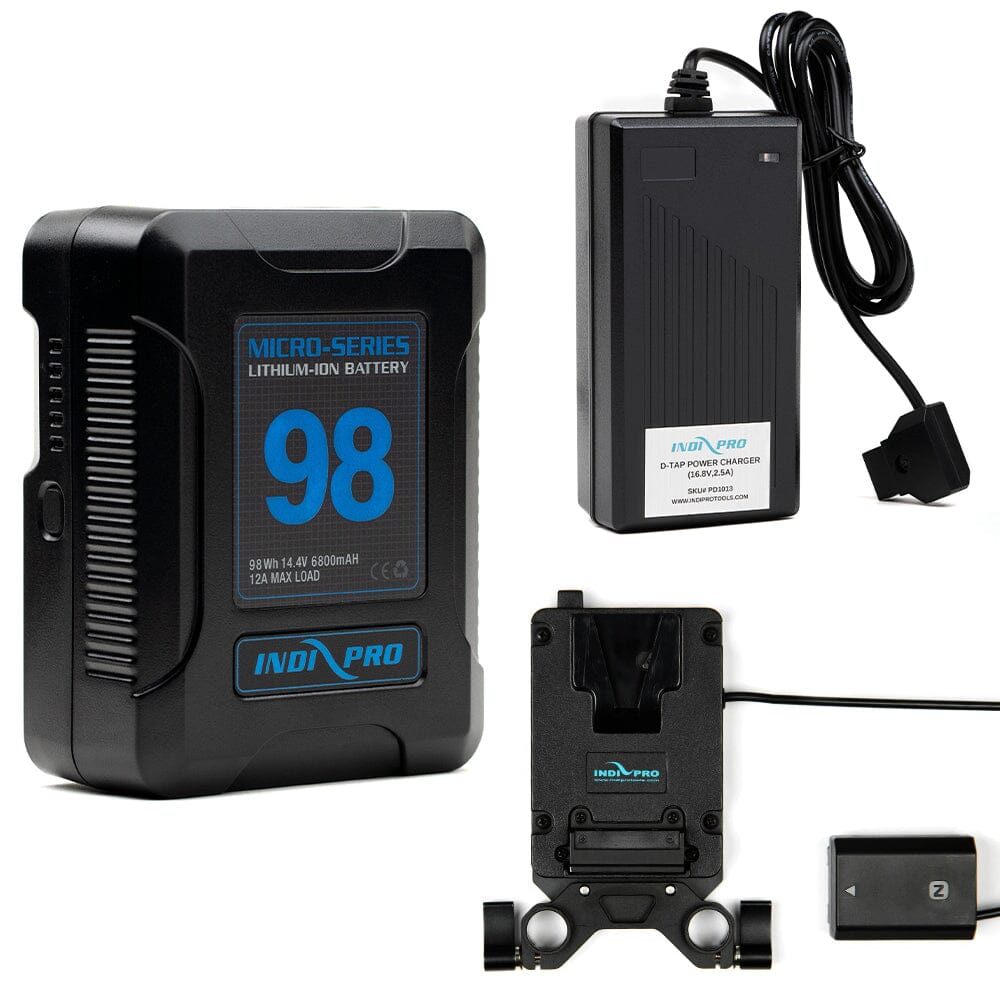 Indipro Micro Series 98Wh V-Mount Battery, Charger &  Mini V-Mount Plate to Sony NP-FZ100 Battery Bundle