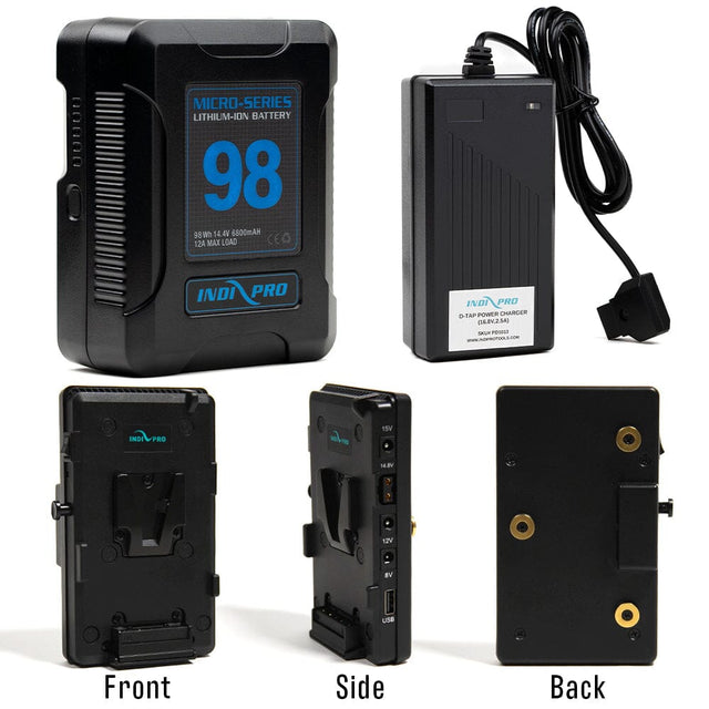 Indipro Micro Series 98Wh V-Mount Battery, Charger & V-Mount Plate to Gold Mount Adapter w/ Multi Outputs Bundle