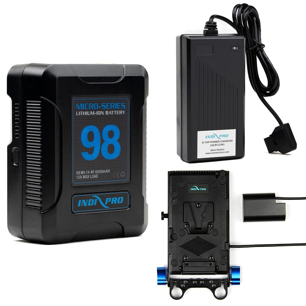 Indipro Micro Series 98Wh V-Mount Battery, Charger & V-Mount Plate to Pansonic DMW-BLF19 Battery Bundle