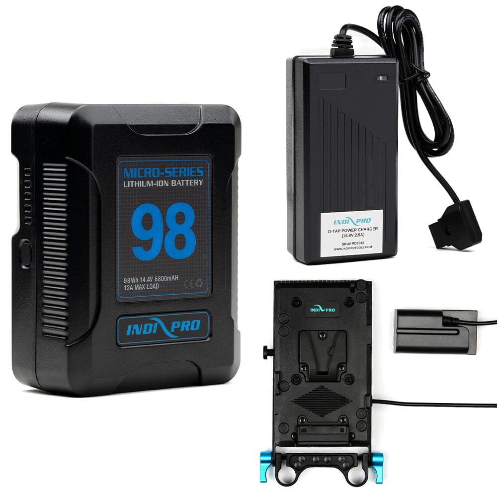 Indipro Micro Series 98Wh V-Mount Battery, Charger & V-Mount Plate to Sony NP-F Battery Bundle