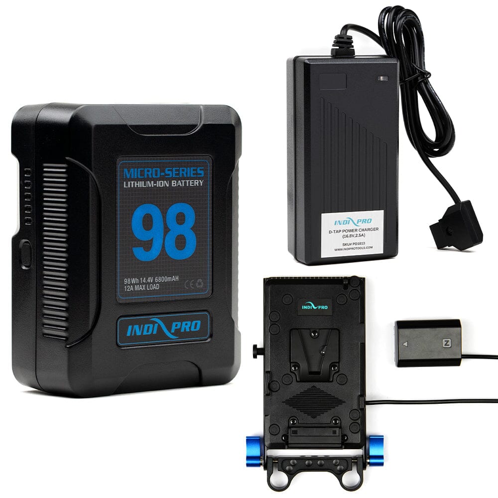 Indipro Micro Series 98Wh V-Mount Battery, Charger & V-Mount Plate to Sony NP-FZ100 Battery Bundle