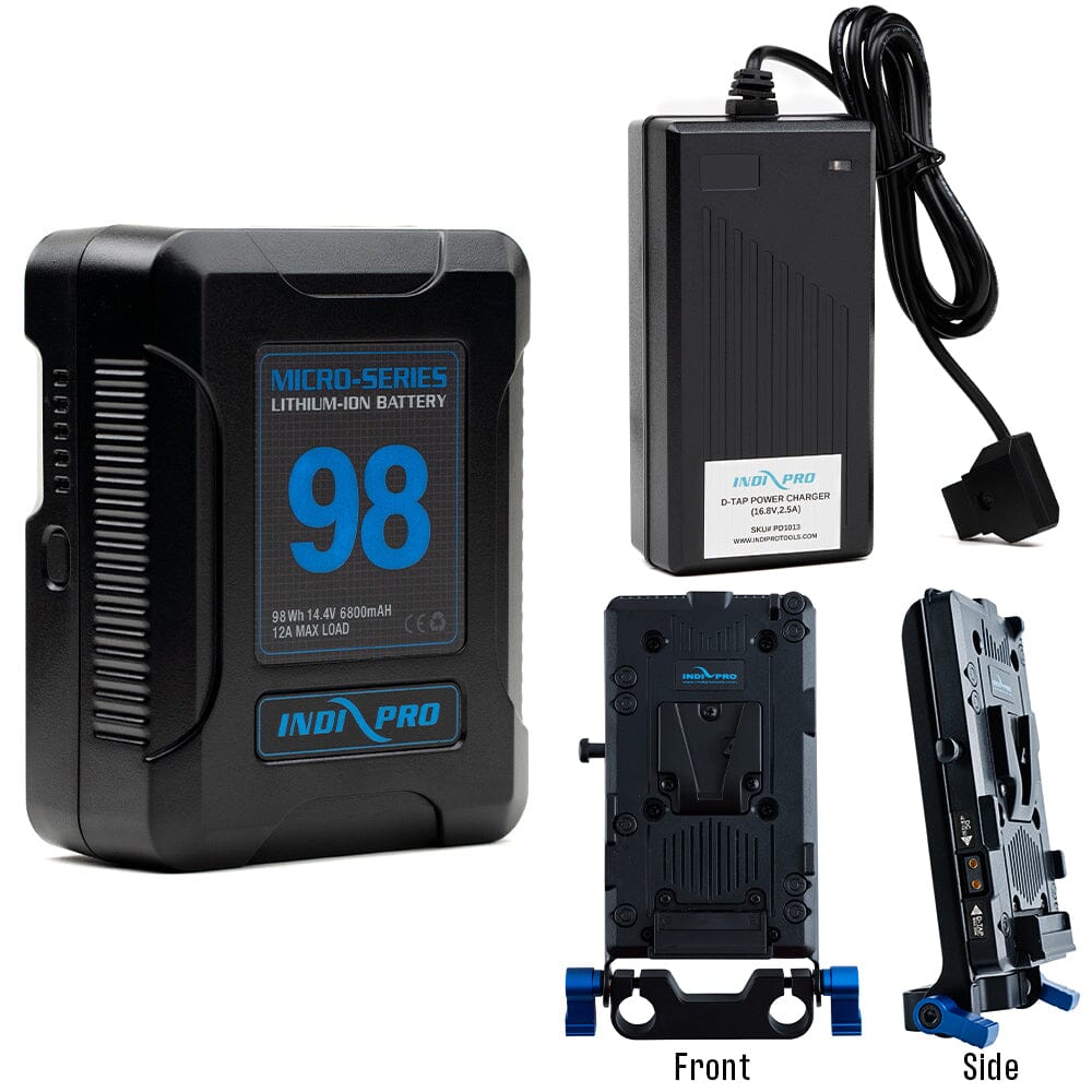Indipro Micro Series 98Wh V-Mount Battery, Charger & V-Mount Plate with 3x D-Tap Outputs w/ 15mm Bundle