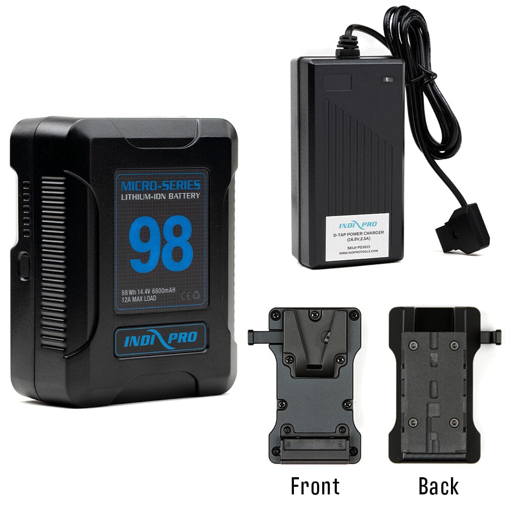 Indipro Micro Series 98Wh V-Mount Battery, Charger & V-Mount to NP-F Battery Converter Bundle