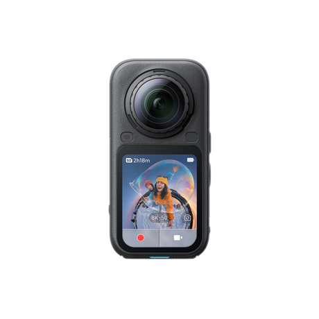 Insta360 X6 360 camera, front view, Midnight Black