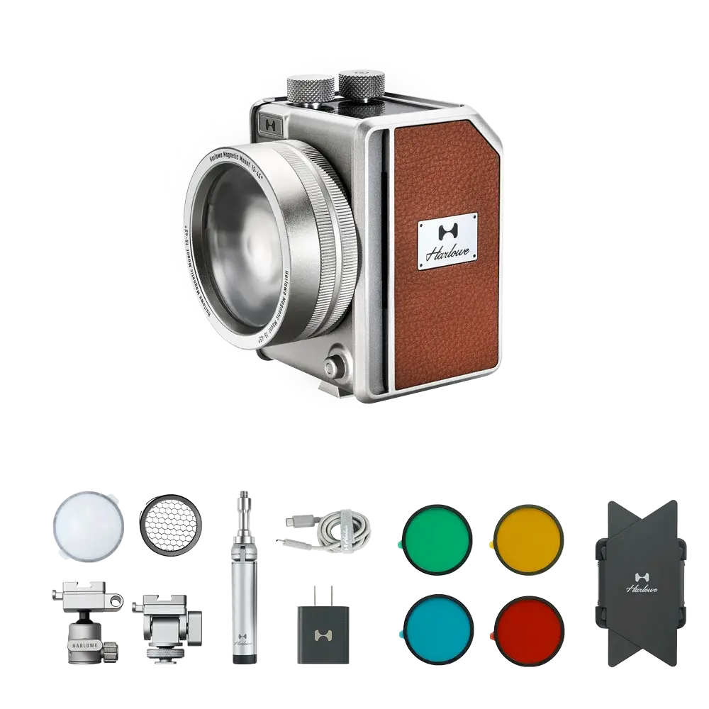 Harlowe Mini II 20W bi-color light kit with accessories: diffusion domes, color gels, mounts, charger for photo & video.