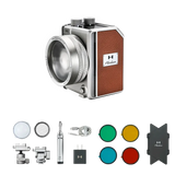 Harlowe Mini II 20W bi-color light kit with accessories: diffusion domes, color gels, mounts, charger for photo & video.