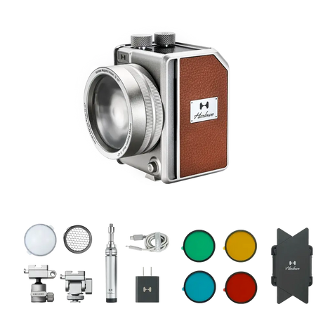 Harlowe Mini II 20W bi-color light kit with accessories: diffusion domes, color gels, mounts, charger for photo & video.