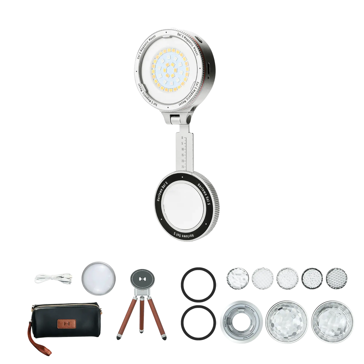 Harlowe Sol 5 Spectra RGBCW light kit: circular LED, tripod, case, filters, and cables. Shown on e-commerce product page.