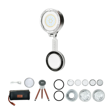 Harlowe Sol 5 Spectra RGBCW light kit: circular LED, tripod, case, filters, and cables. Shown on e-commerce product page.