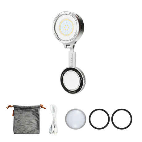 Harlowe Sol 5 Spectra RGBCW light w/ MagSafe. Includes charging cable, pouch, diffuser, and rings.