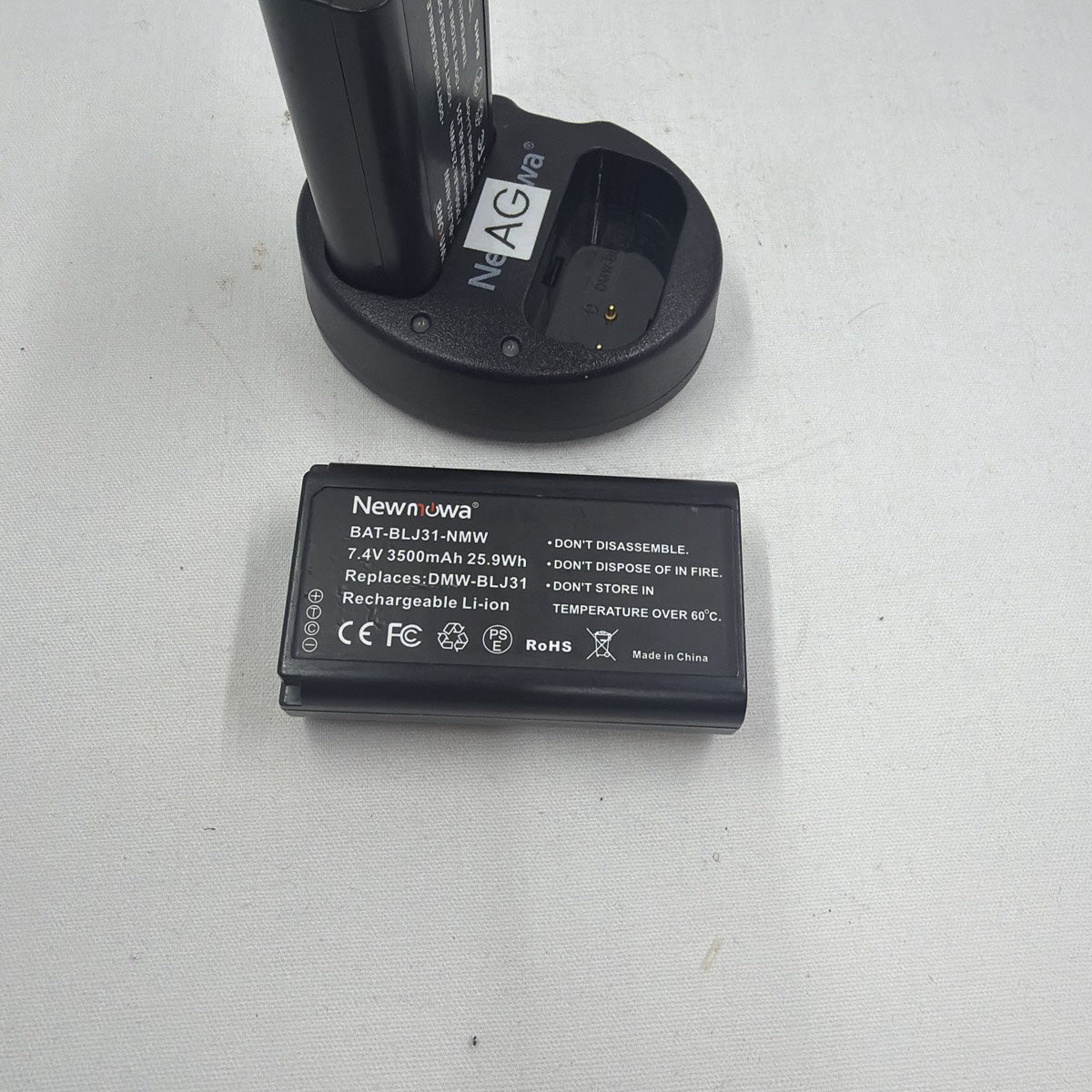 Used Newmowa BAT-BLJ31-NMW dual charger kit with 2x DMW-BLJ31 replacement batteries