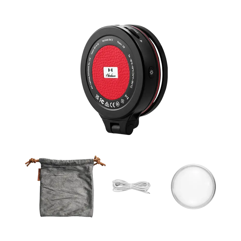 Harlowe Sol 5 XM light: black casing, red center, white illuminated face, pouch & cable. All components.