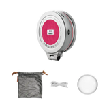 Harlowe Sol 5 XM Bi-Color Mobile Light with silver body, magenta center logo, grey pouch, white cable, and diffuser.
