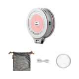Harlowe Sol 5 XM light: silver, pink center w/ H logo, grey pouch, white cable. Certifications shown.