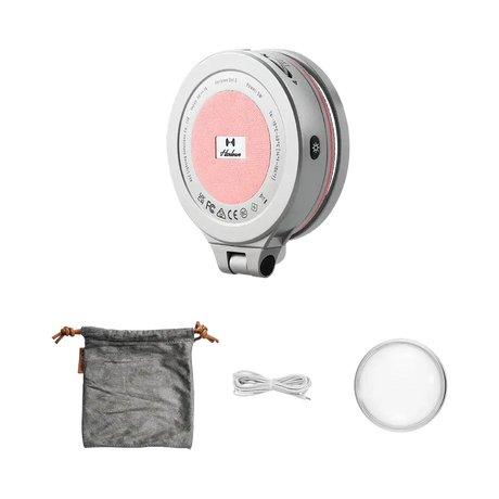 Harlowe Sol 5 XM light: silver, pink center w/ H logo, grey pouch, white cable. Certifications shown.